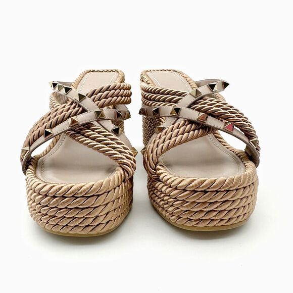 VALENTINO Torchon Beige Braided Silk Platform Rockstud Wedge Heel Size 39 Sandal - Picture 7 of 14